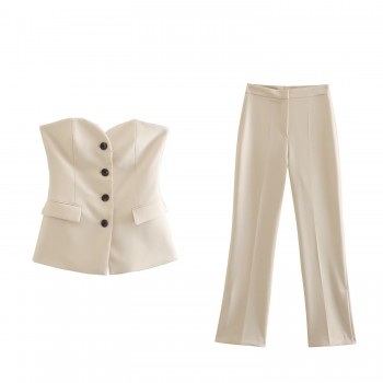 Women's elegant temperament button flap lingerie vest + high waist slim trousers slit straight pants